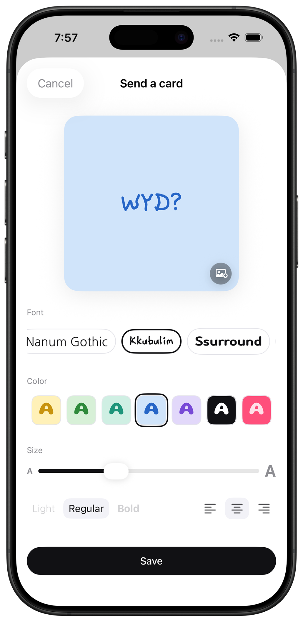 Heymo card composer with font and color controls