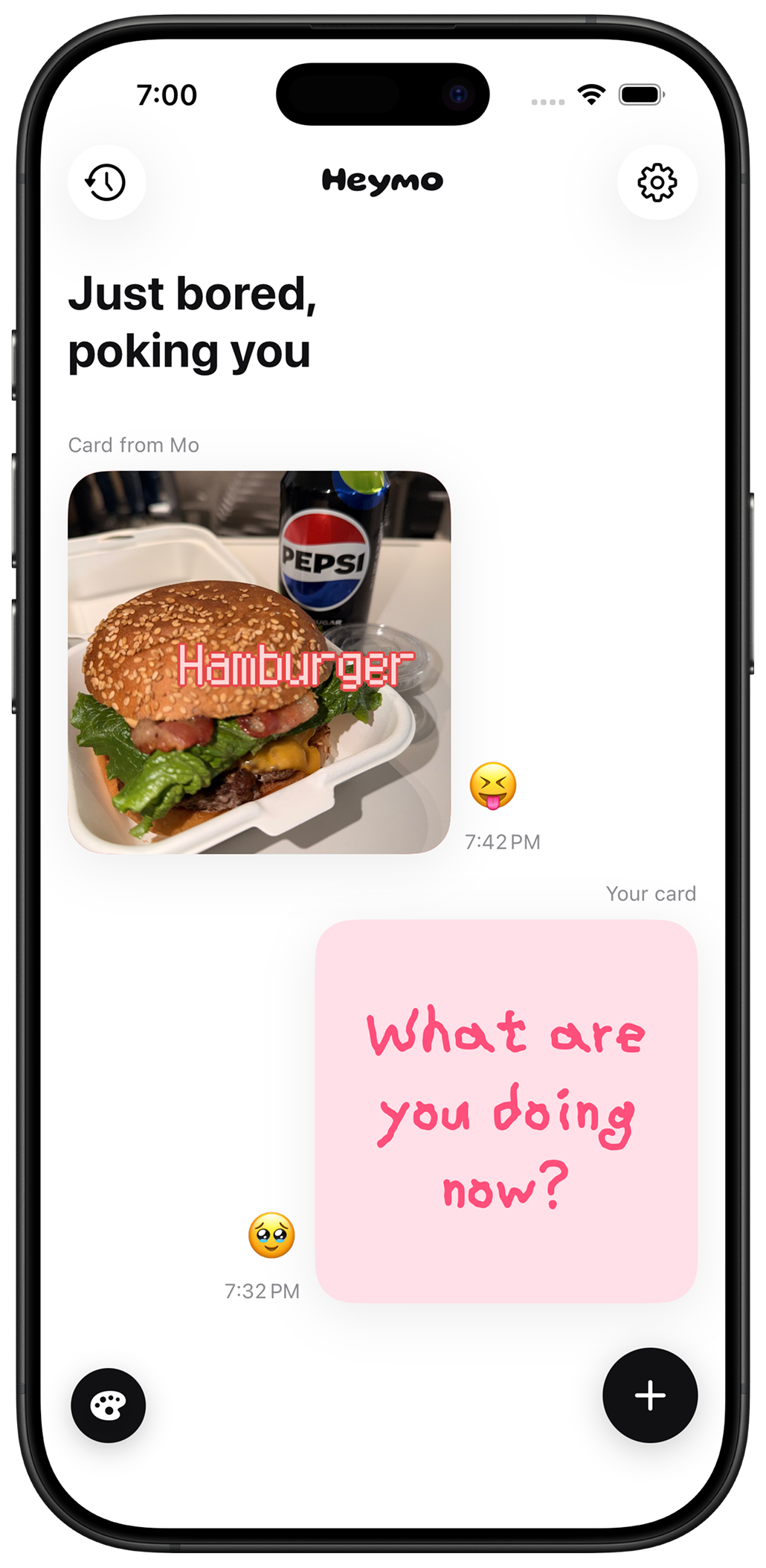 Heymo app home showing cards and reactions